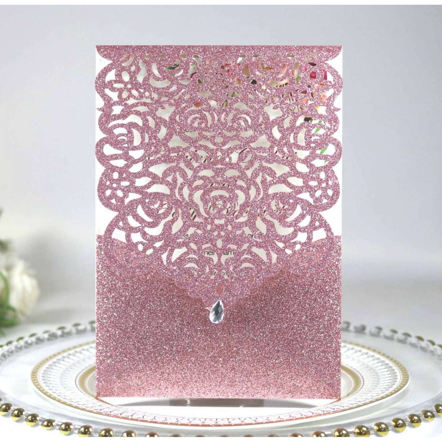 Pocket Invitation Card Elegant Invitation Glitter Invitation Laser Cut Paper